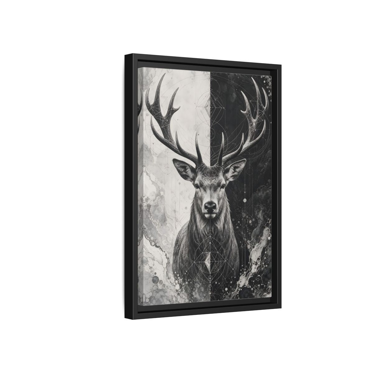Side Mockup 6. Animals Deer Black And White Deer shown as stretched canvas wall art