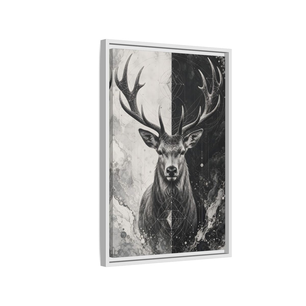 Side Mockup 1. Animals Deer Black And White Deer shown as stretched canvas wall art