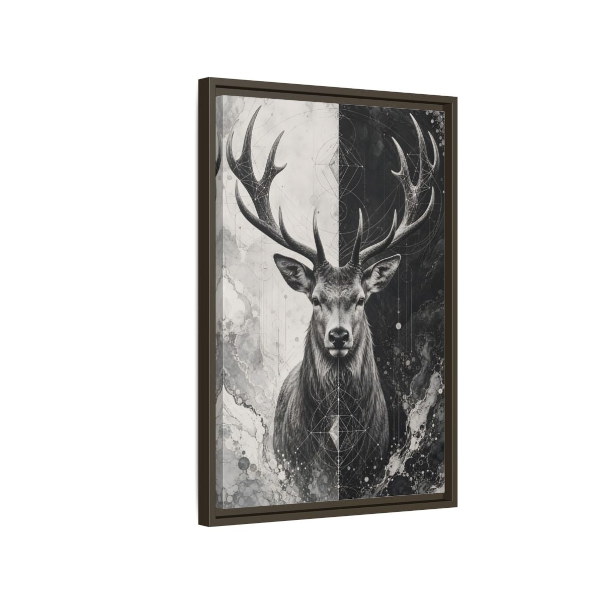 Side Mockup 2. Animals Deer Black And White Deer shown as stretched canvas wall art