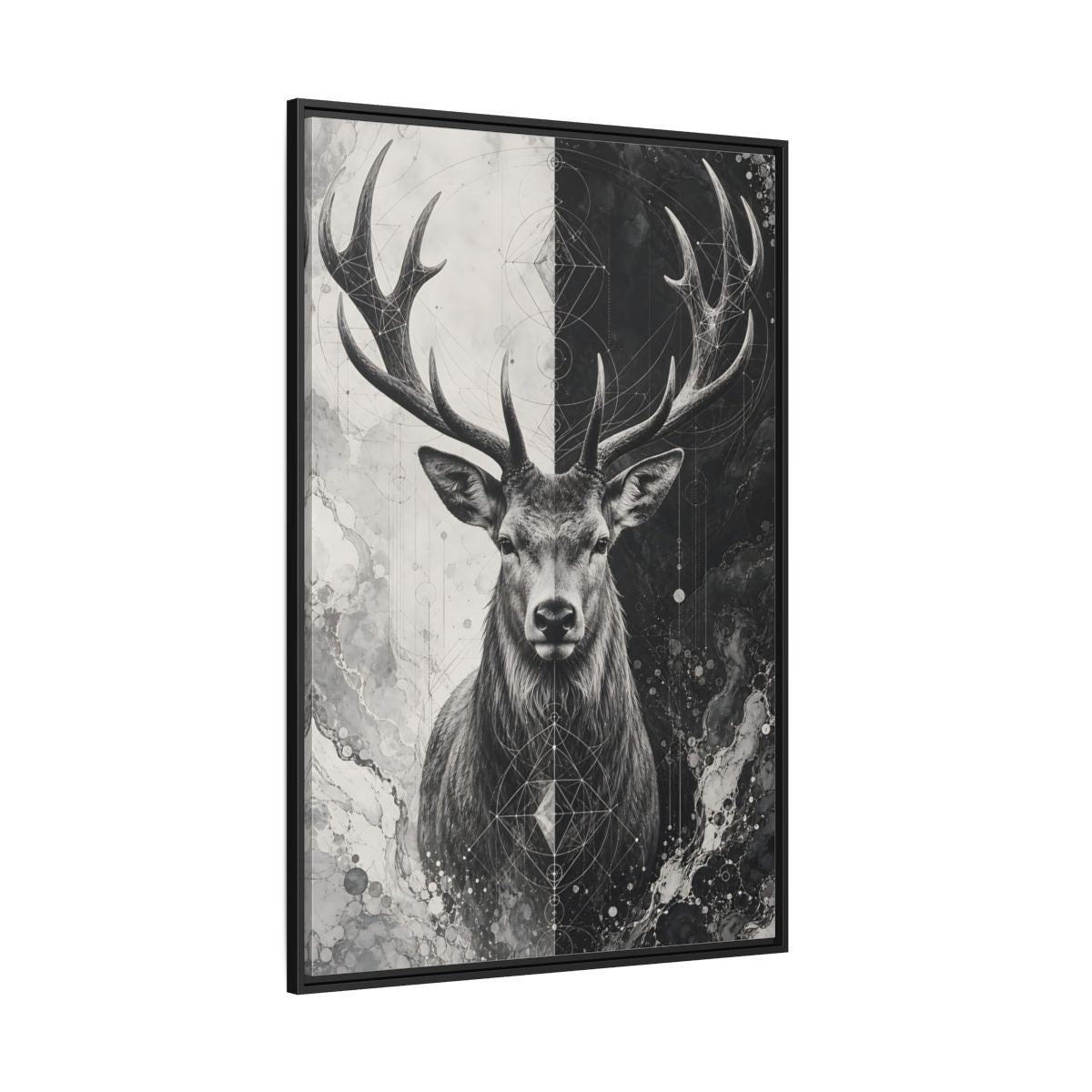 Side Mockup 12. Animals Deer Black And White Deer shown as stretched canvas wall art
