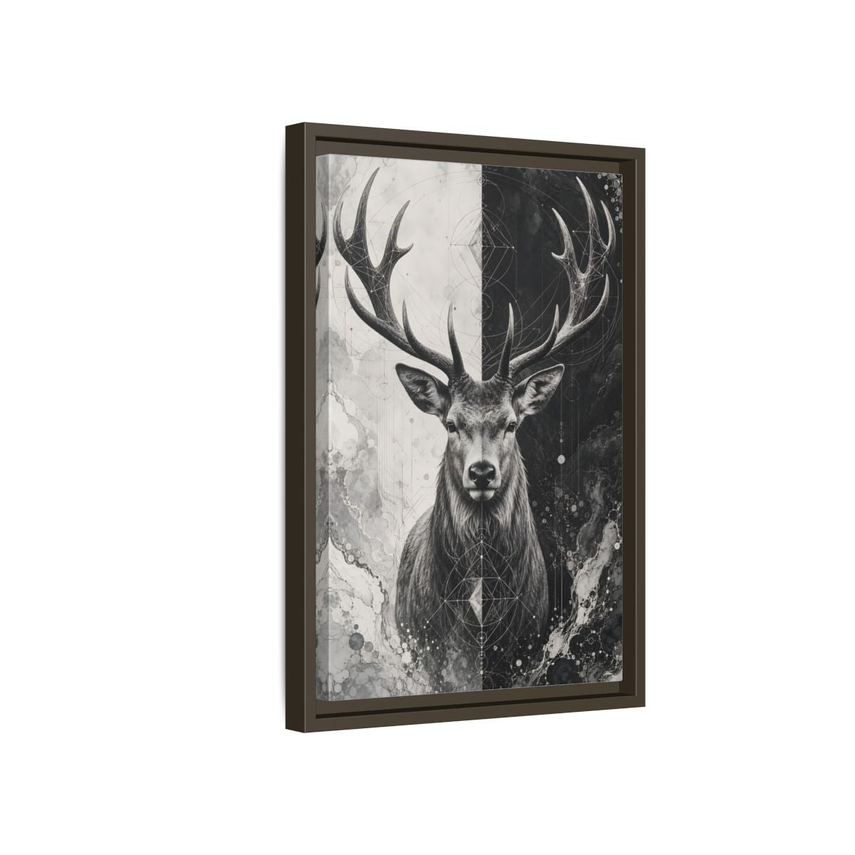 Side Mockup 5. Animals Deer Black And White Deer shown as stretched canvas wall art