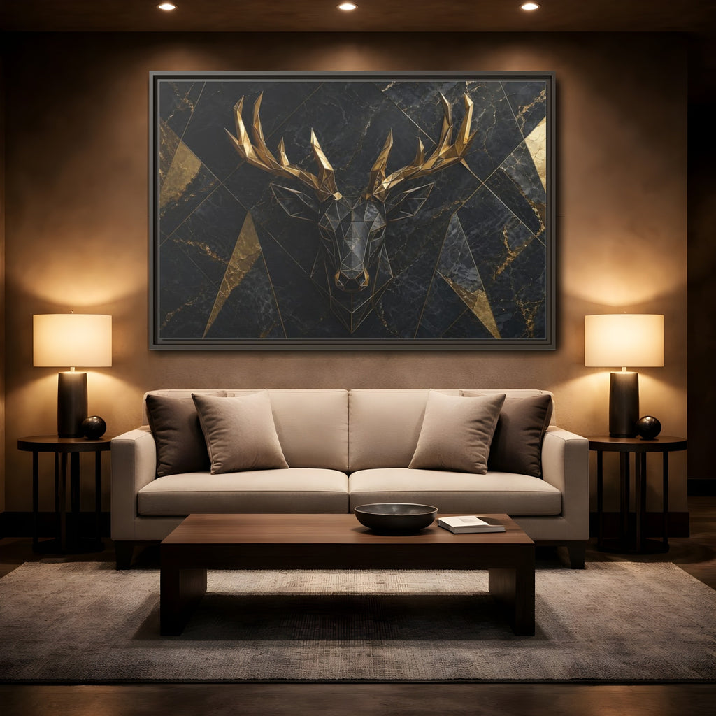 Mockup 2. Animals Deer Black Gold Deer shown as stretched canvas wall art