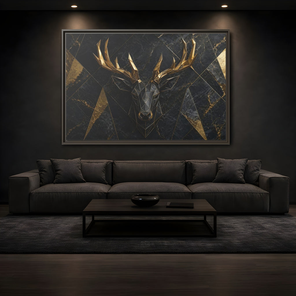 Mockup 3. Animals Deer Black Gold Deer shown as stretched canvas wall art
