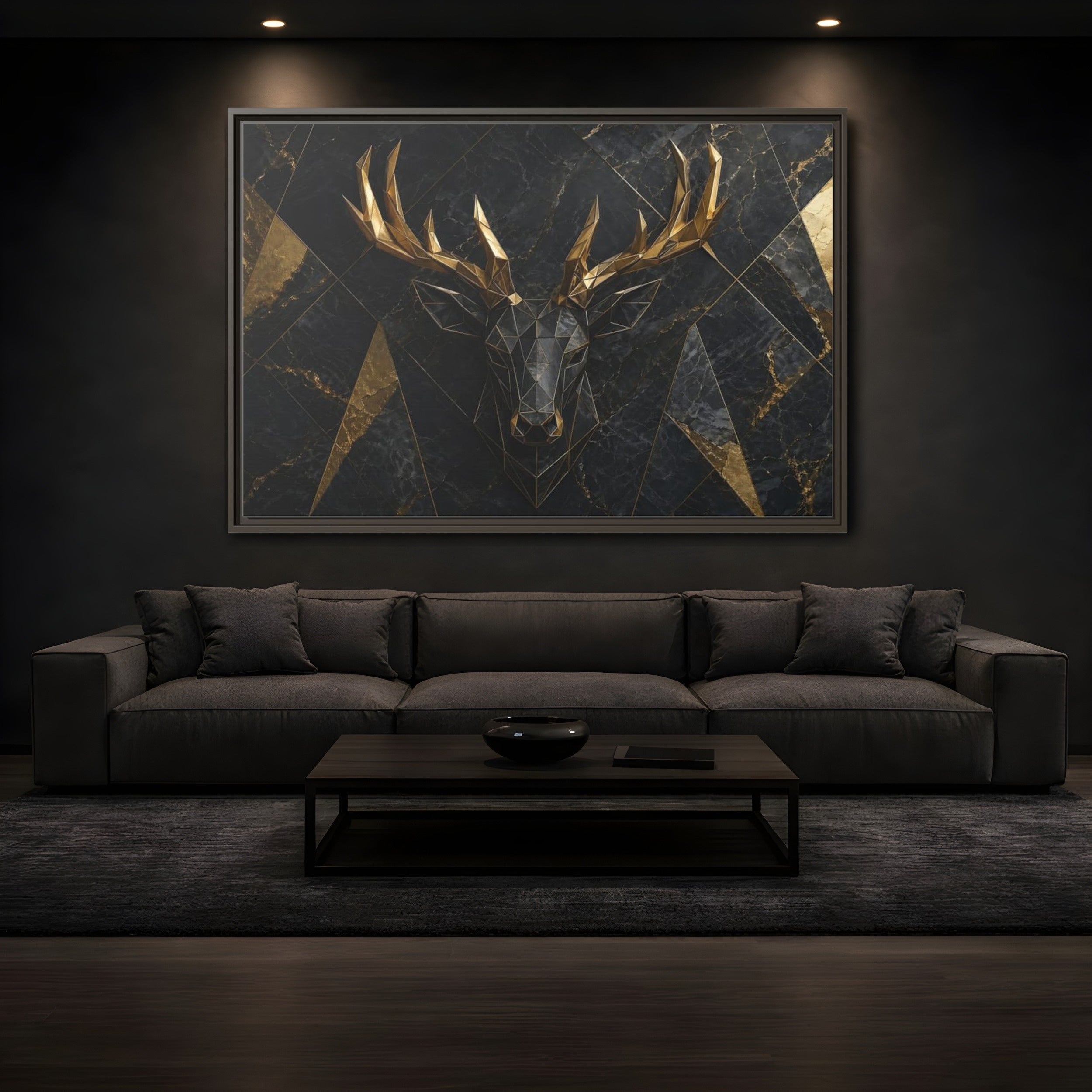 Mockup 3. Animals Deer Black Gold Deer shown as stretched canvas wall art