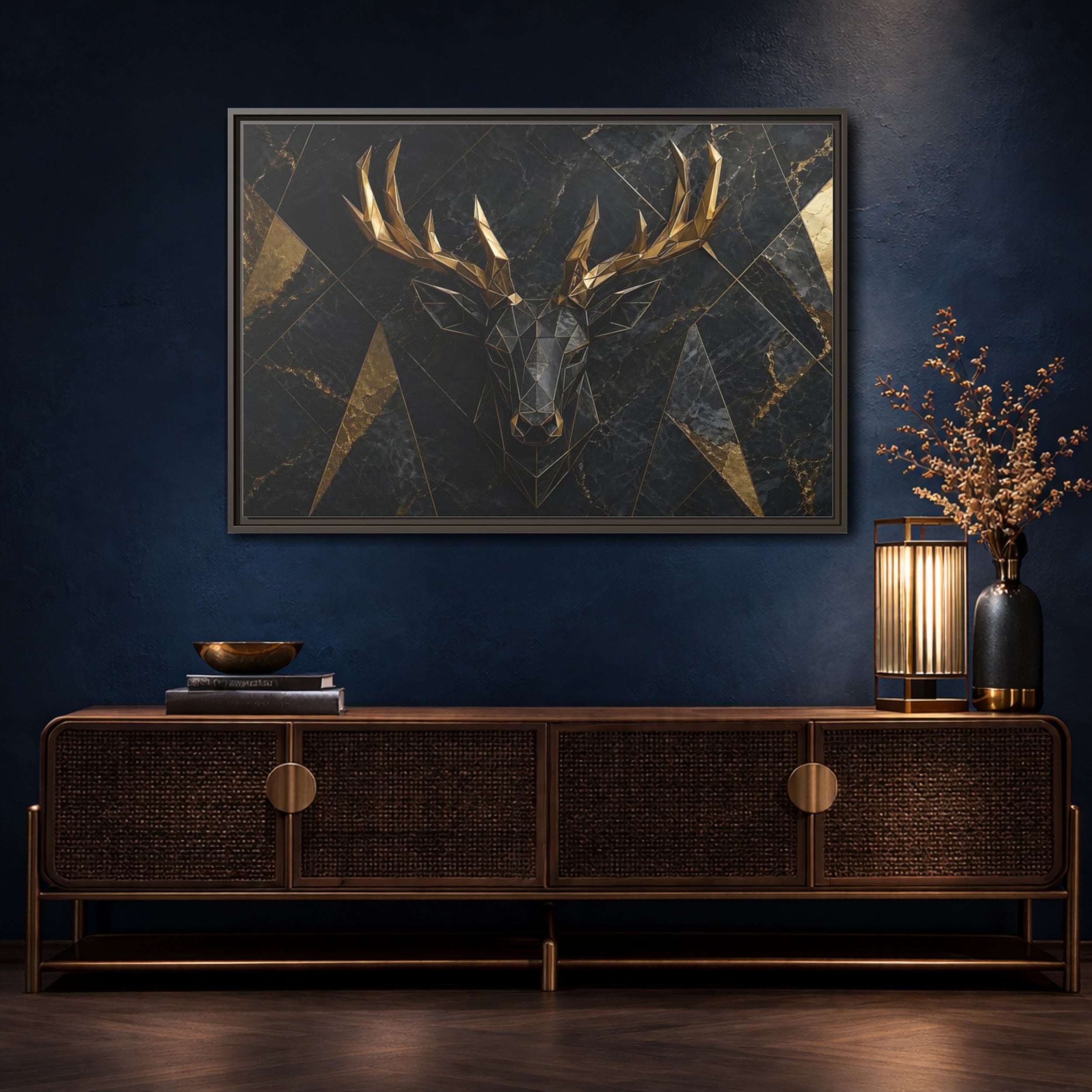 Mockup 4. Animals Deer Black Gold Deer shown as stretched canvas wall art
