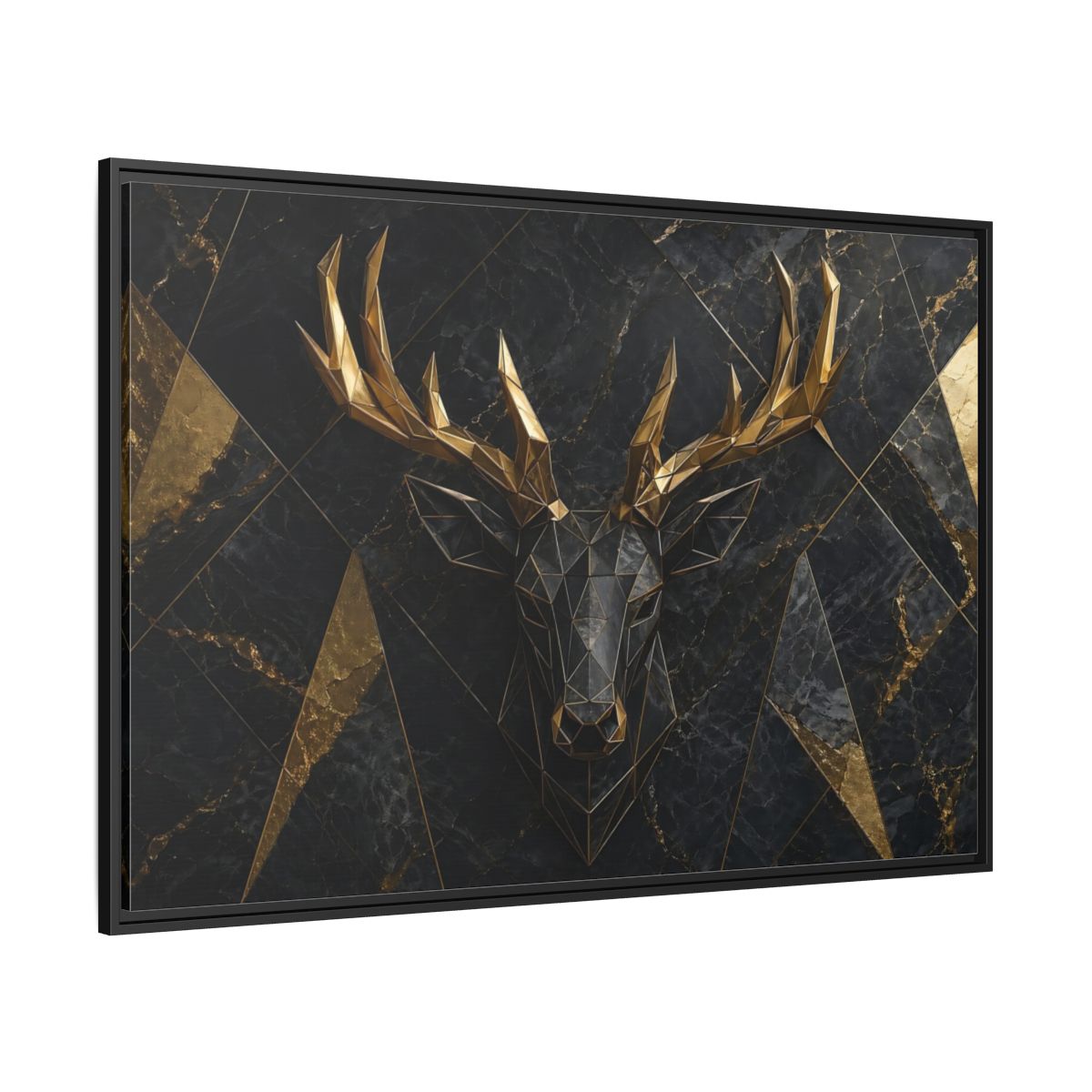 Side Mockup 12. Animals Deer Black Gold Deer shown as stretched canvas wall art