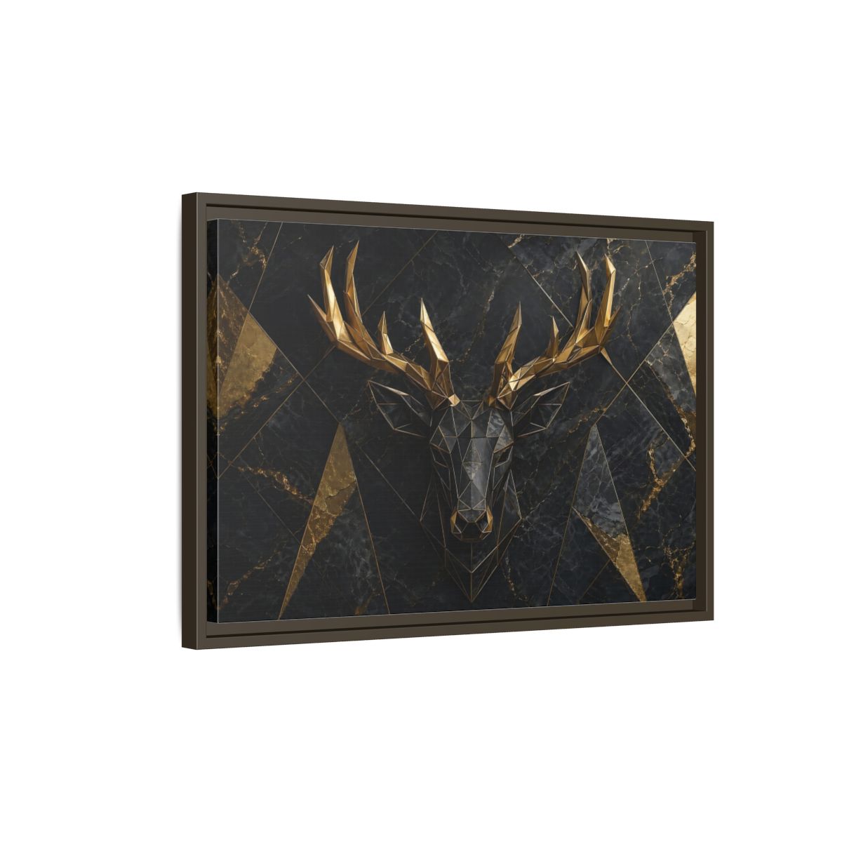 Side Mockup 2. Animals Deer Black Gold Deer shown as stretched canvas wall art