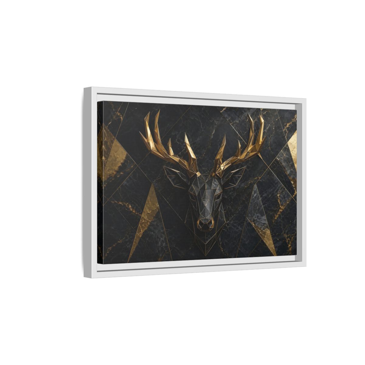Side Mockup 4. Animals Deer Black Gold Deer shown as stretched canvas wall art