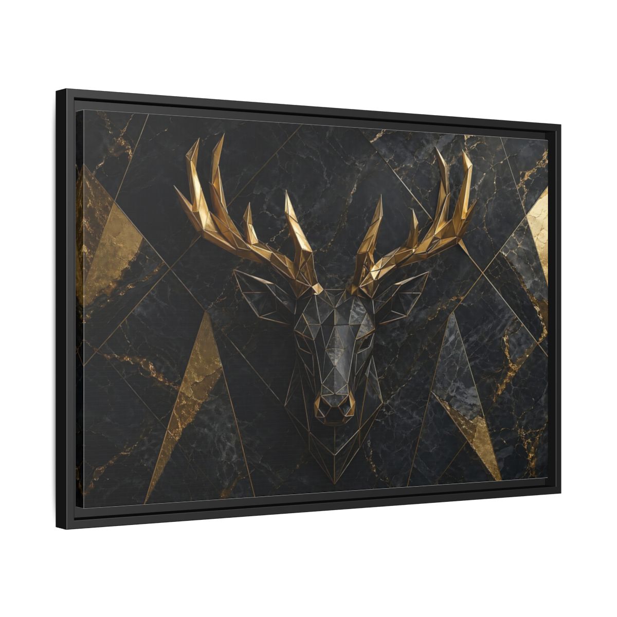Side Mockup 14. Animals Deer Black Gold Deer shown as stretched canvas wall art