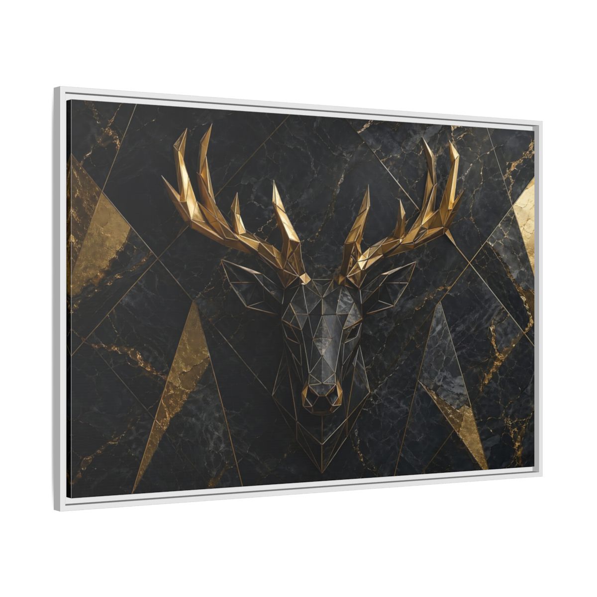 Side Mockup 7. Animals Deer Black Gold Deer shown as stretched canvas wall art