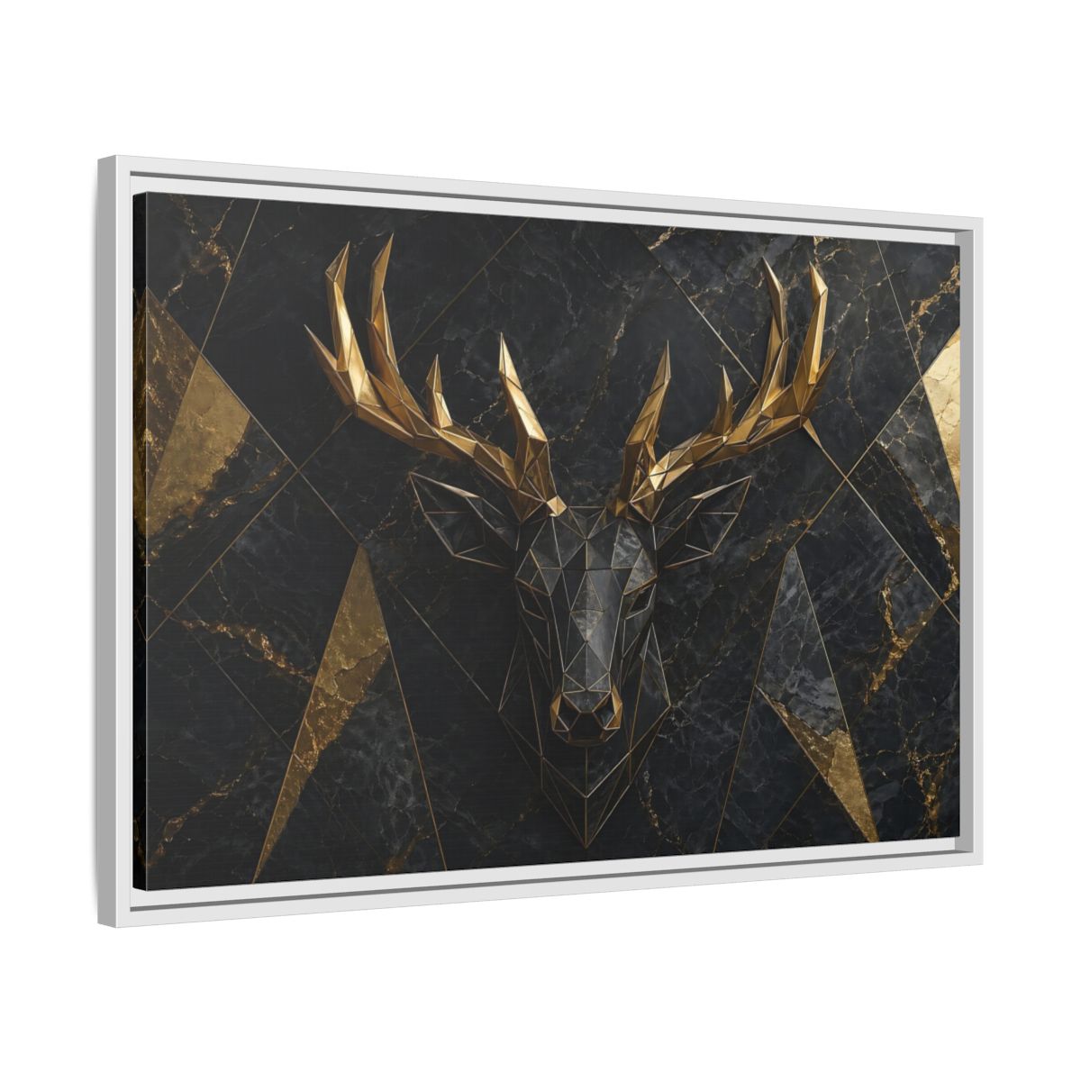 Side Mockup 10. Animals Deer Black Gold Deer shown as stretched canvas wall art