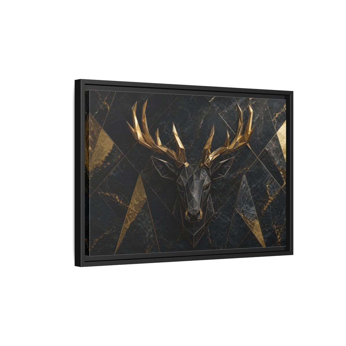 Side Mockup 3. Animals Deer Black Gold Deer shown as stretched canvas wall art