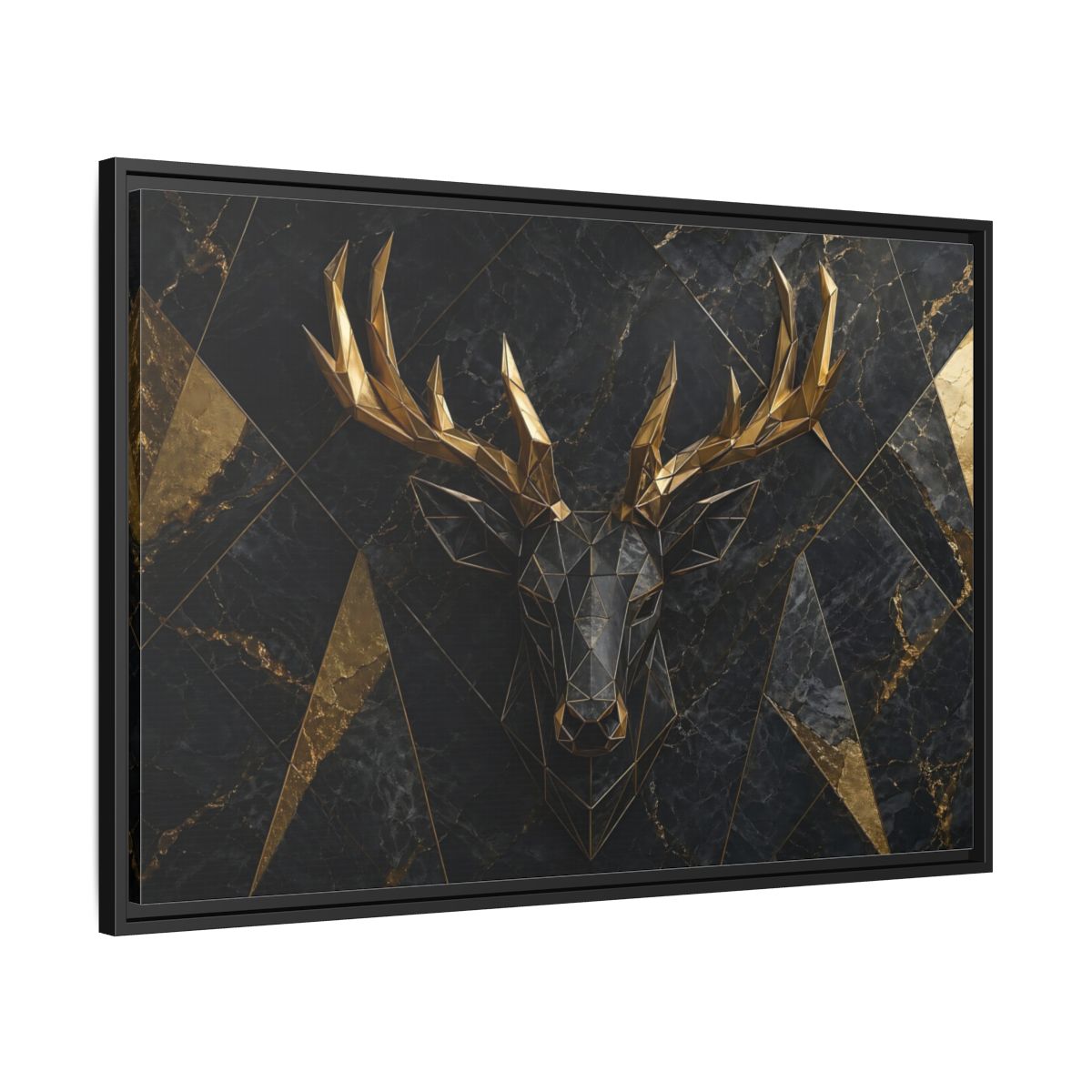 Side Mockup 13. Animals Deer Black Gold Deer shown as stretched canvas wall art