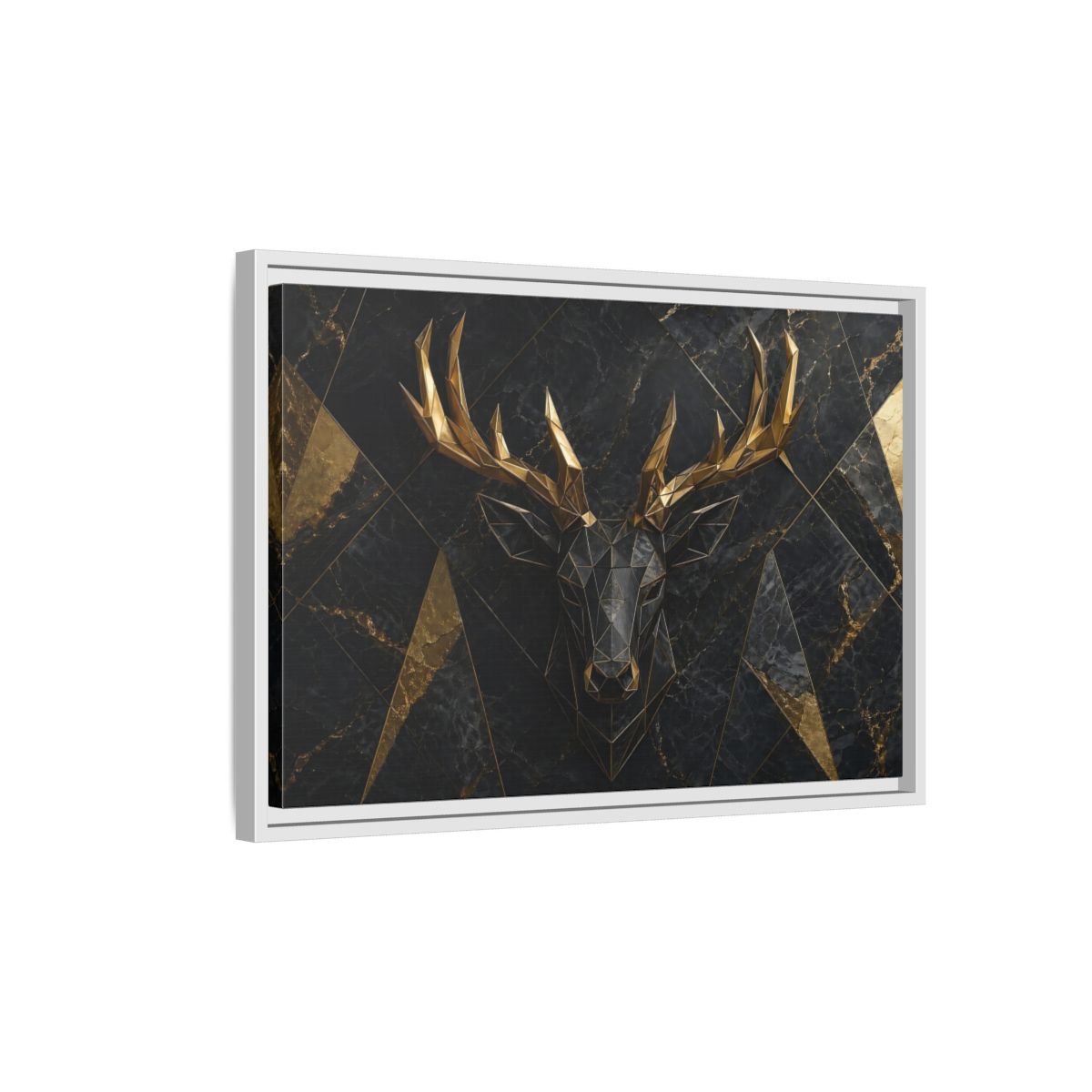 Side Mockup 1. Animals Deer Black Gold Deer shown as stretched canvas wall art