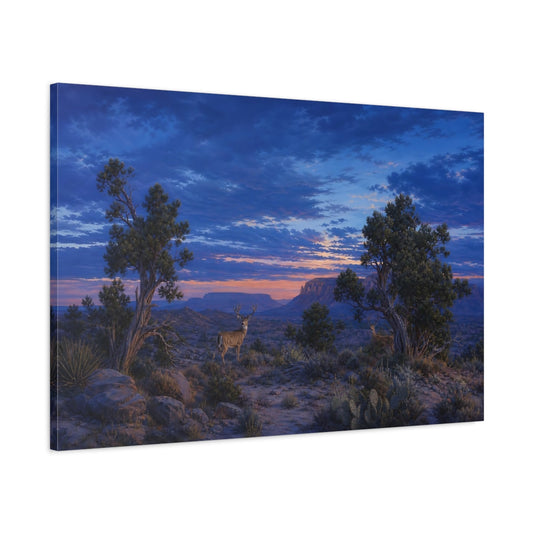 Main Mockup. Animals Deer Blue And Orange Landscape shown as stretched canvas wall art