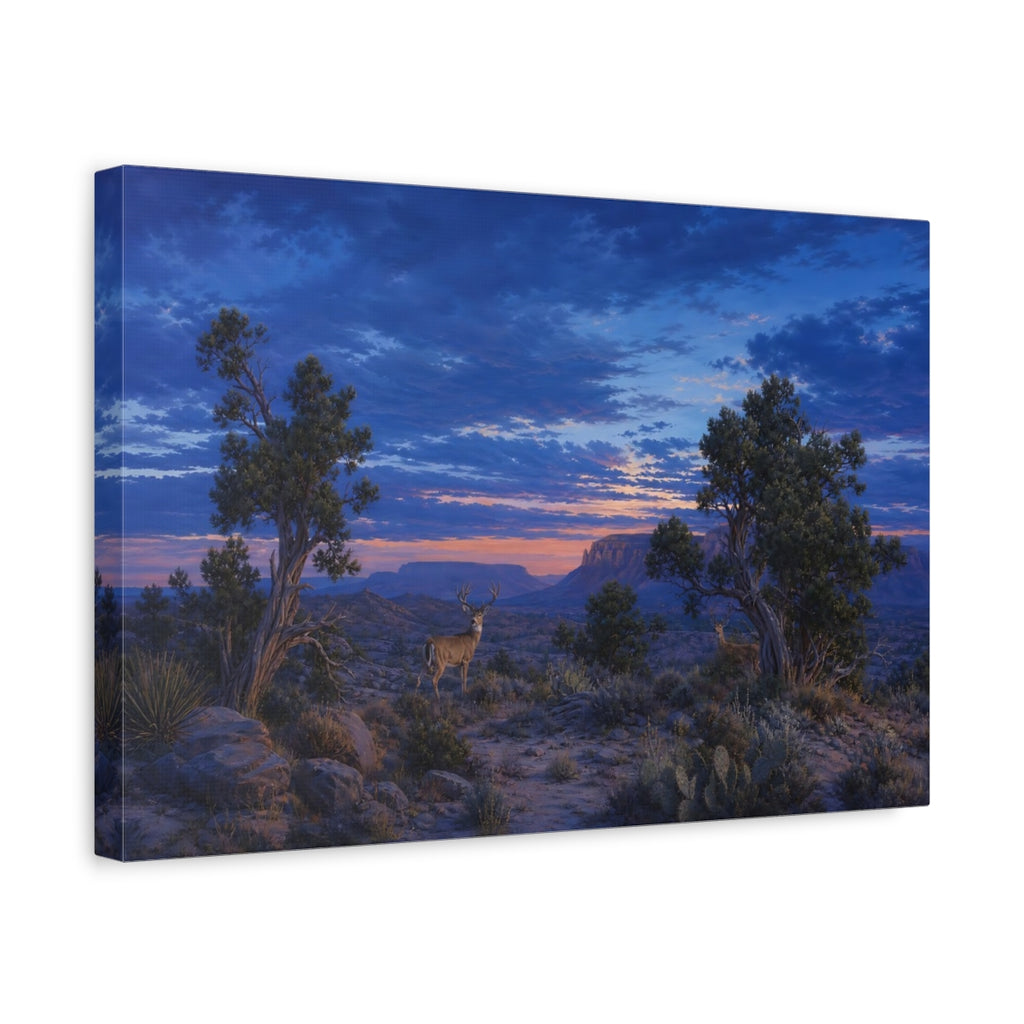 Side Mockup 4. Animals Deer Blue And Orange Landscape shown as stretched canvas wall art