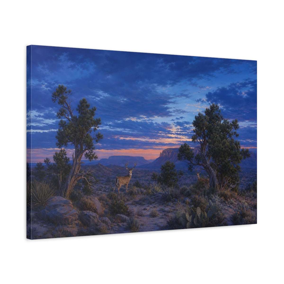 Side Mockup 2. Animals Deer Blue And Orange Landscape shown as stretched canvas wall art