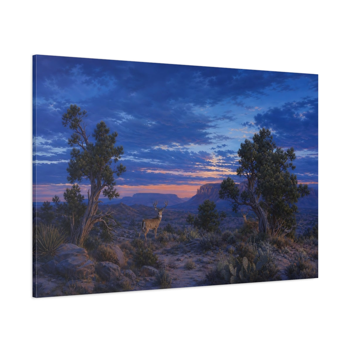 Side Mockup 1. Animals Deer Blue And Orange Landscape shown as stretched canvas wall art