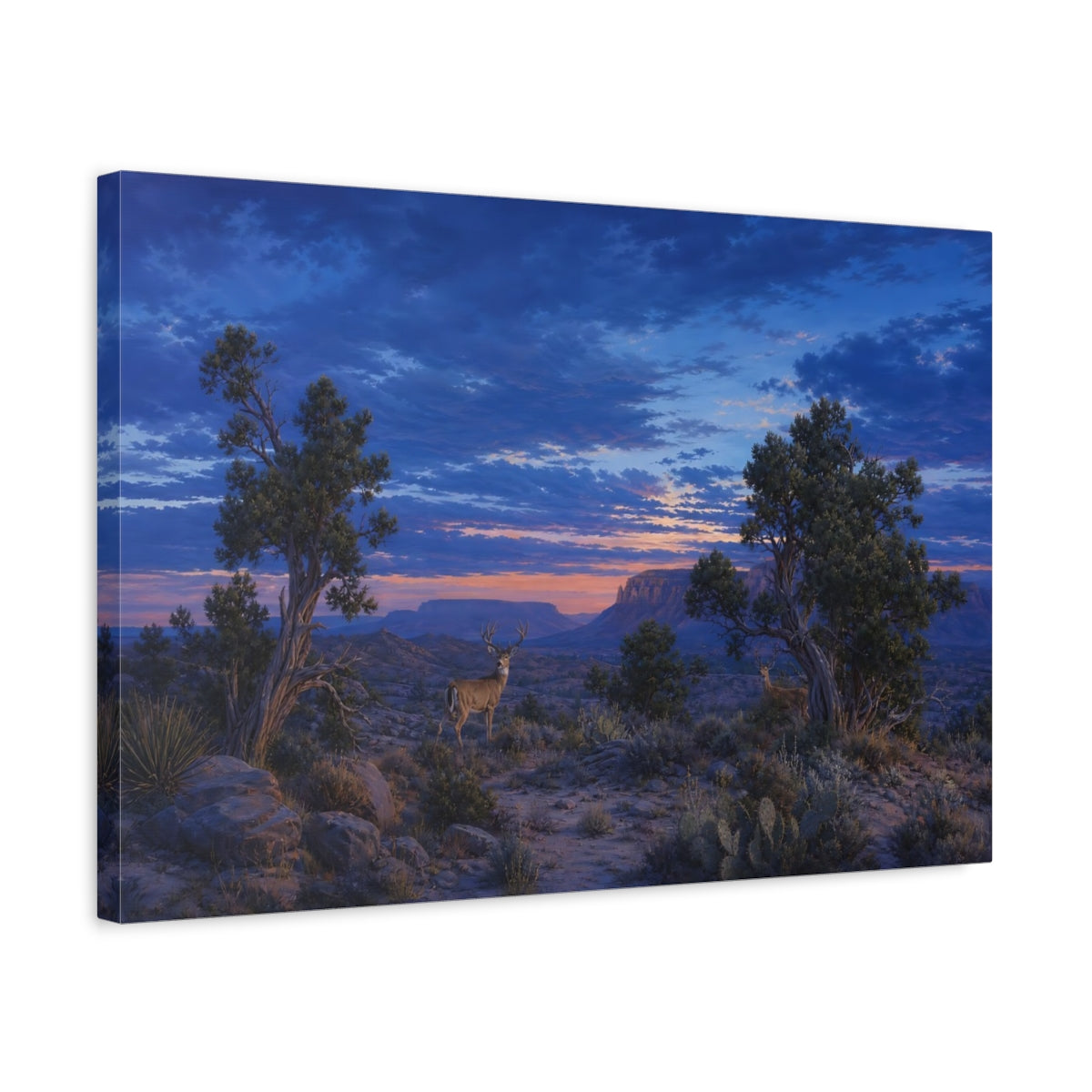 Side Mockup 3. Animals Deer Blue And Orange Landscape shown as stretched canvas wall art