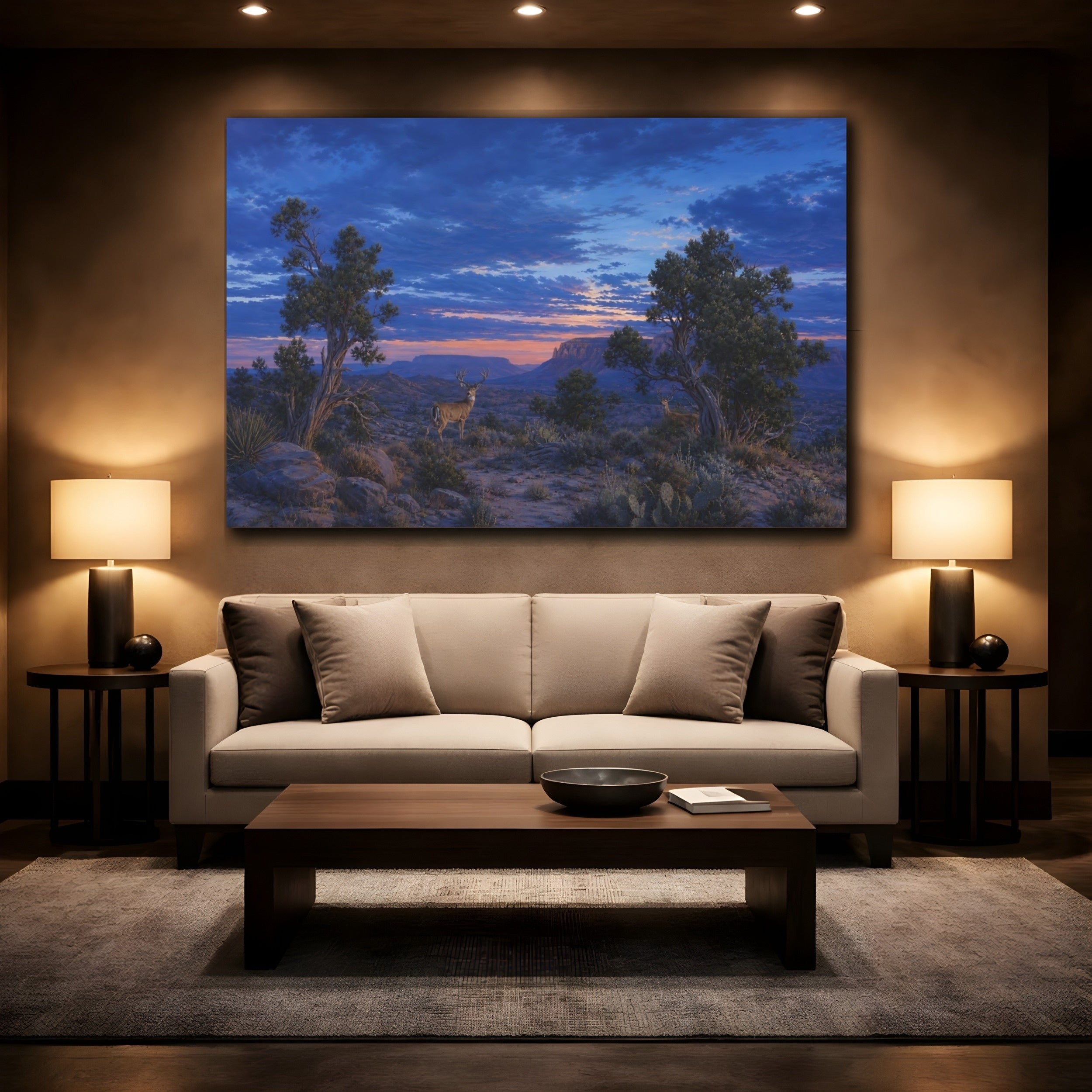 Mockup 2. Animals Deer Blue And Orange Landscape shown as stretched canvas wall art