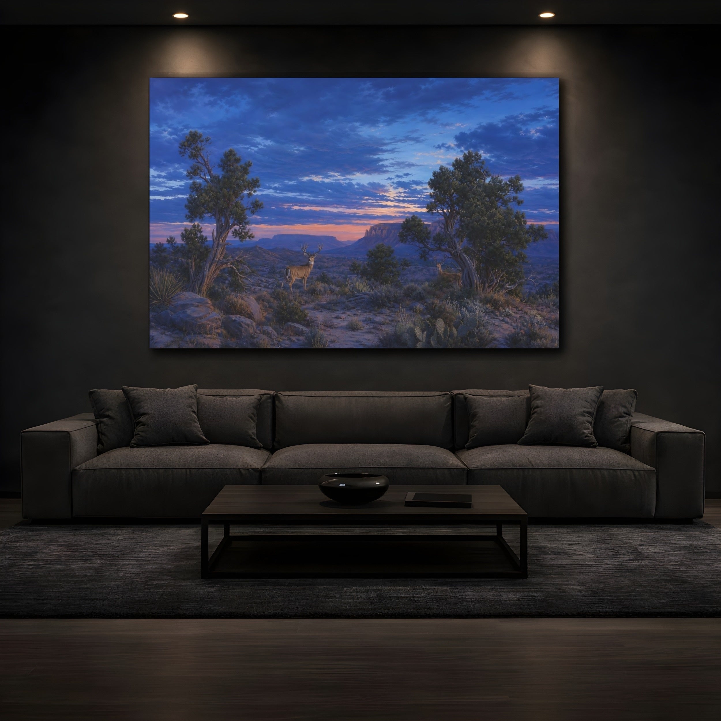 Mockup 3. Animals Deer Blue And Orange Landscape shown as stretched canvas wall art