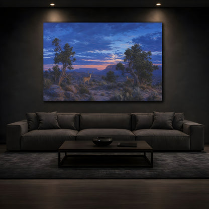 Mockup 3. Animals Deer Blue And Orange Landscape shown as stretched canvas wall art