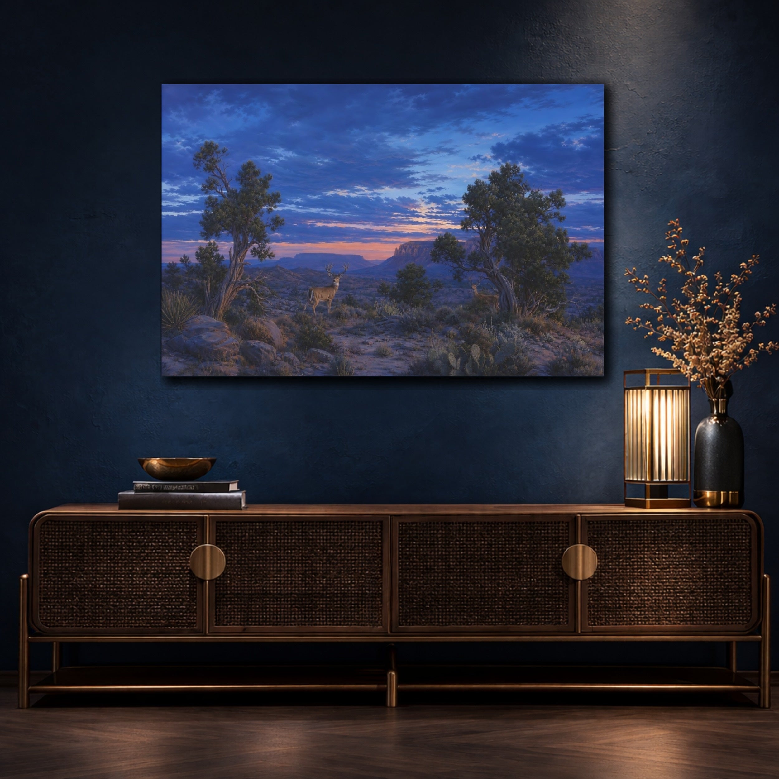 Mockup 4. Animals Deer Blue And Orange Landscape shown as stretched canvas wall art
