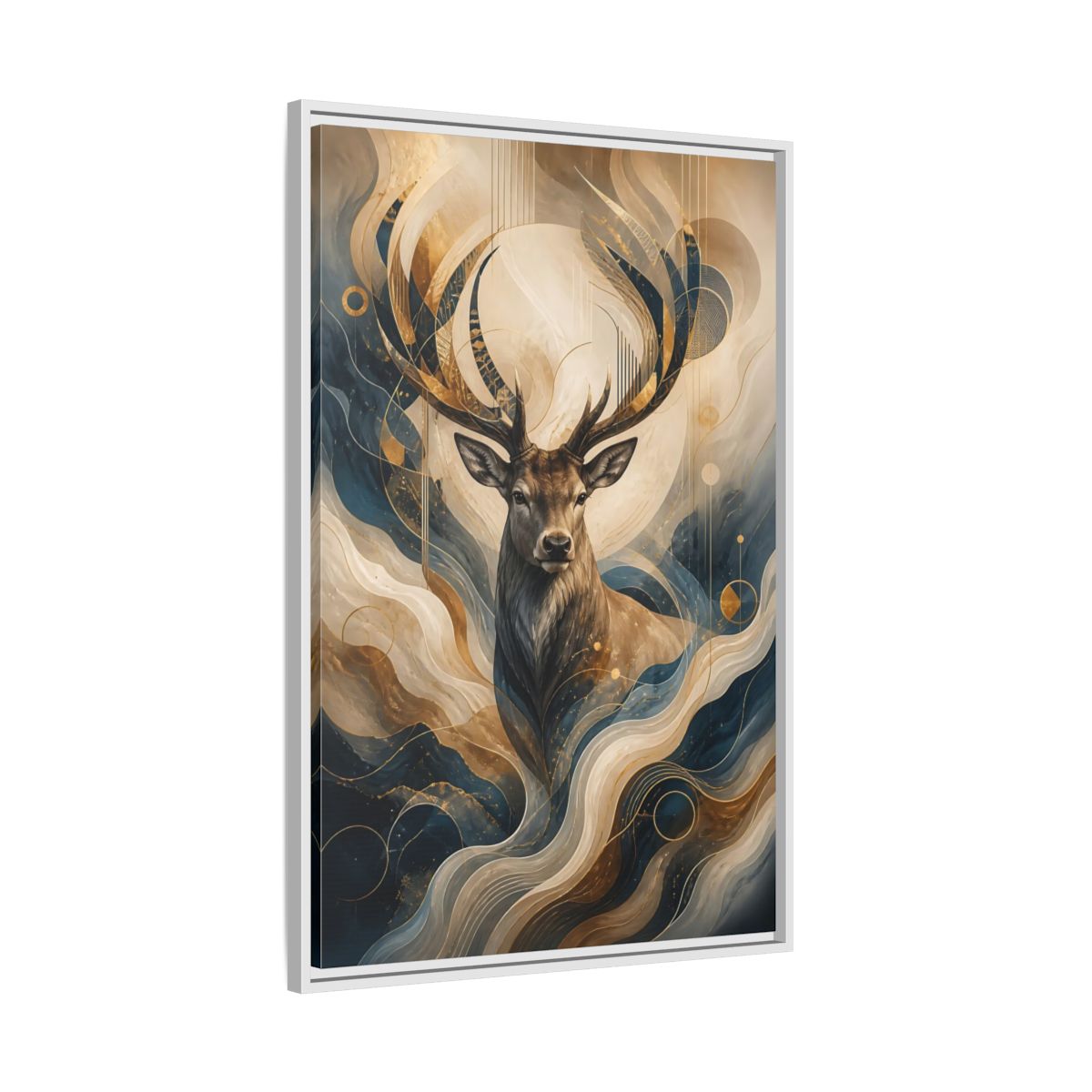 Side Mockup 9. Animals Deer Blue Gold Deer Art shown as stretched canvas wall art