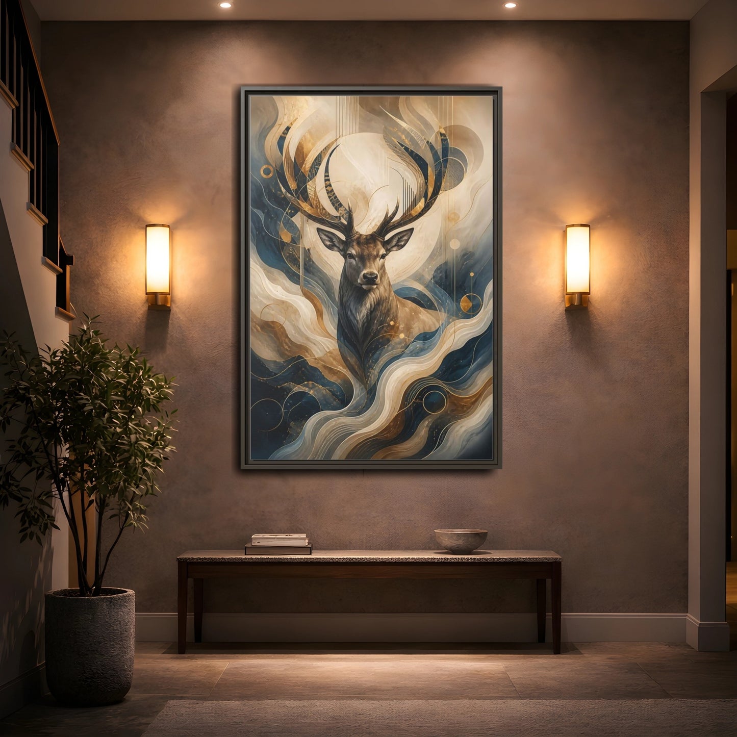 Mockup 2. Animals Deer Blue Gold Deer Art shown as stretched canvas wall art