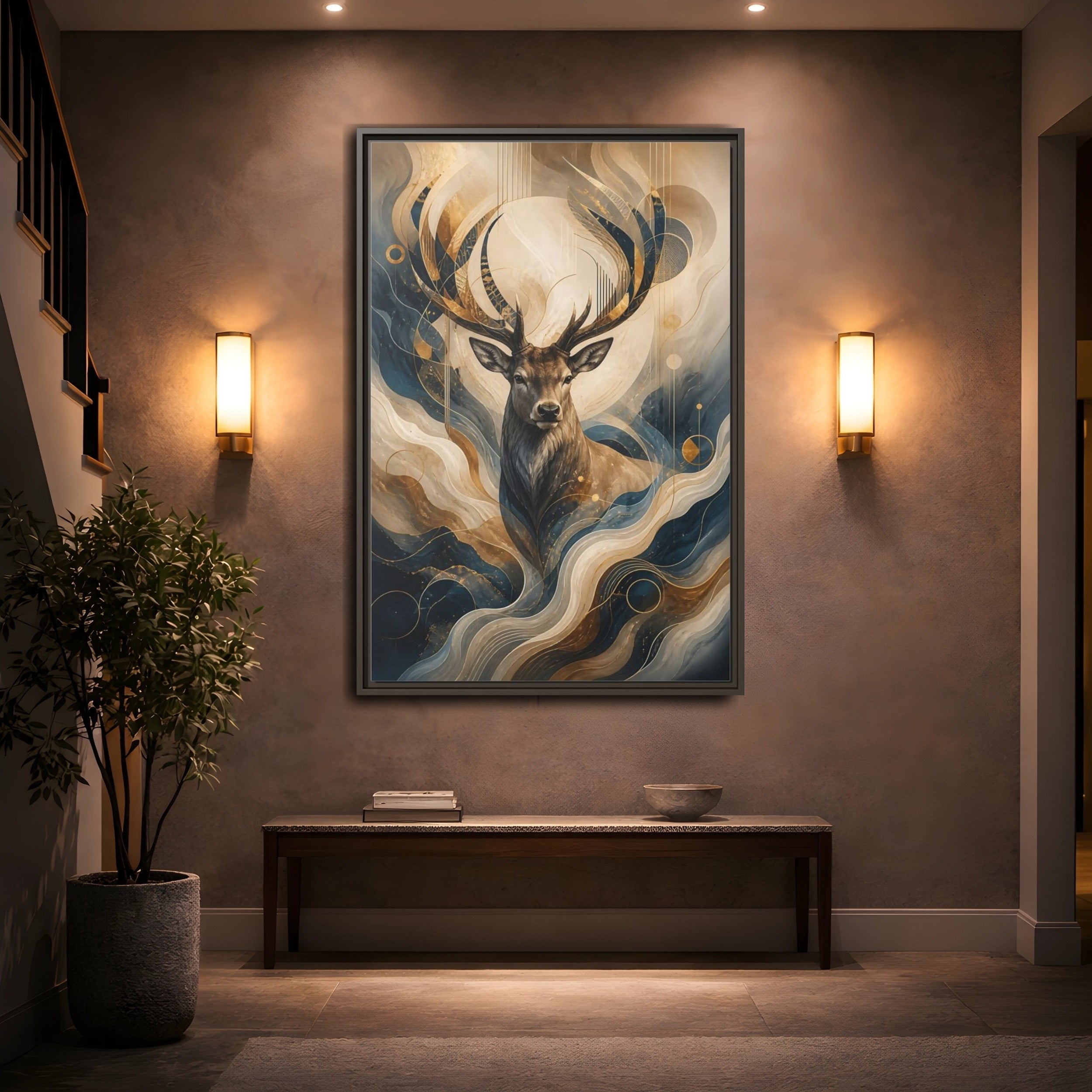 Mockup 2. Animals Deer Blue Gold Deer Art shown as stretched canvas wall art