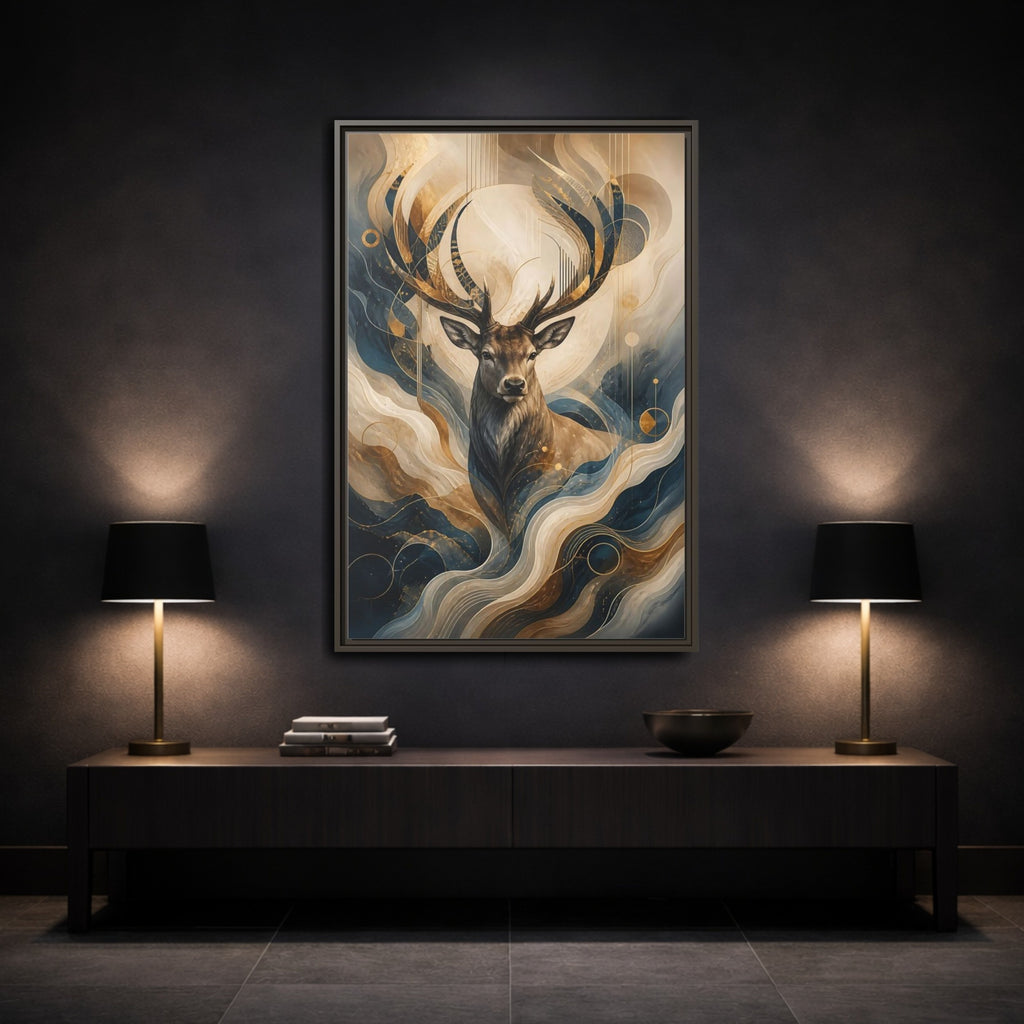 Mockup 3. Animals Deer Blue Gold Deer Art shown as stretched canvas wall art