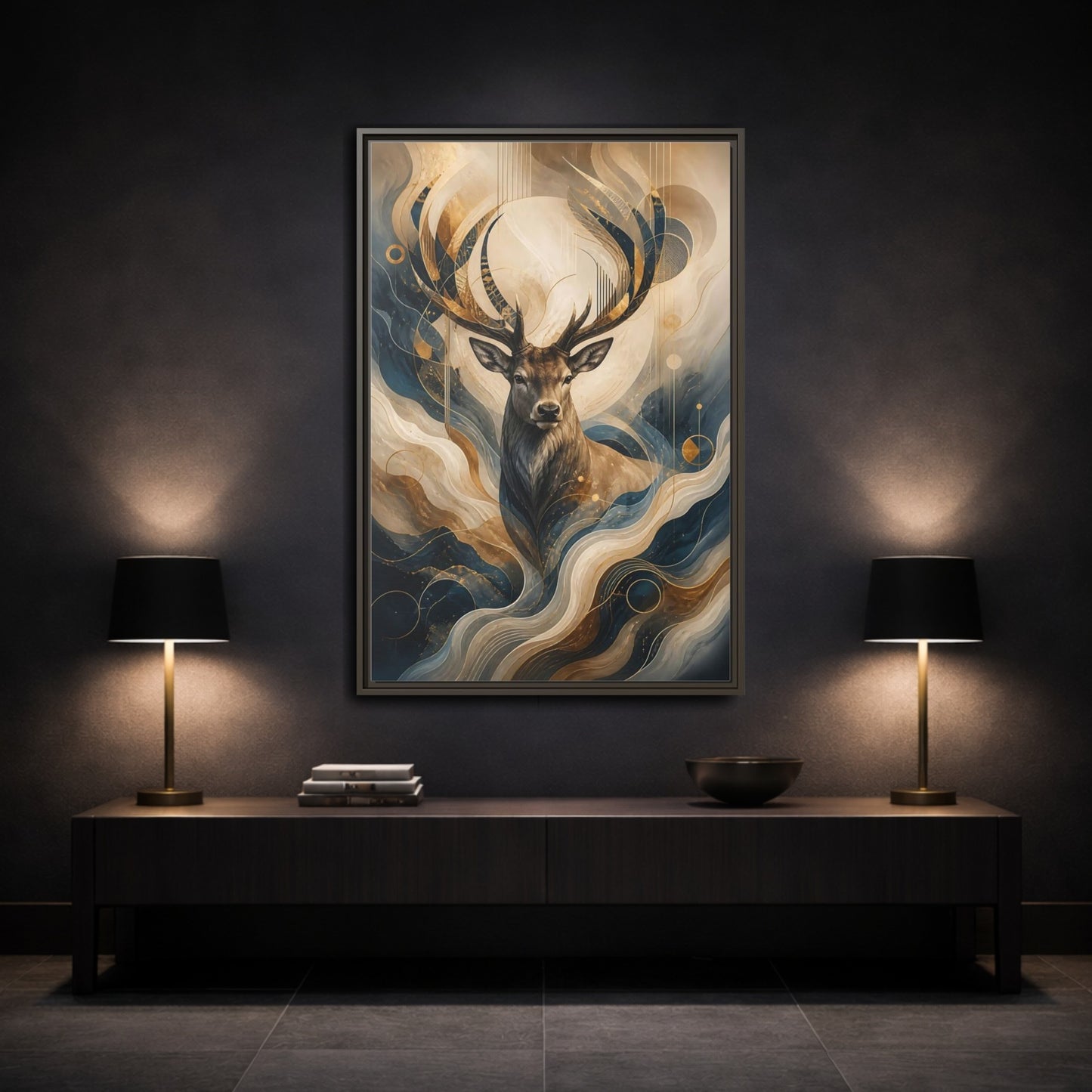 Mockup 3. Animals Deer Blue Gold Deer Art shown as stretched canvas wall art