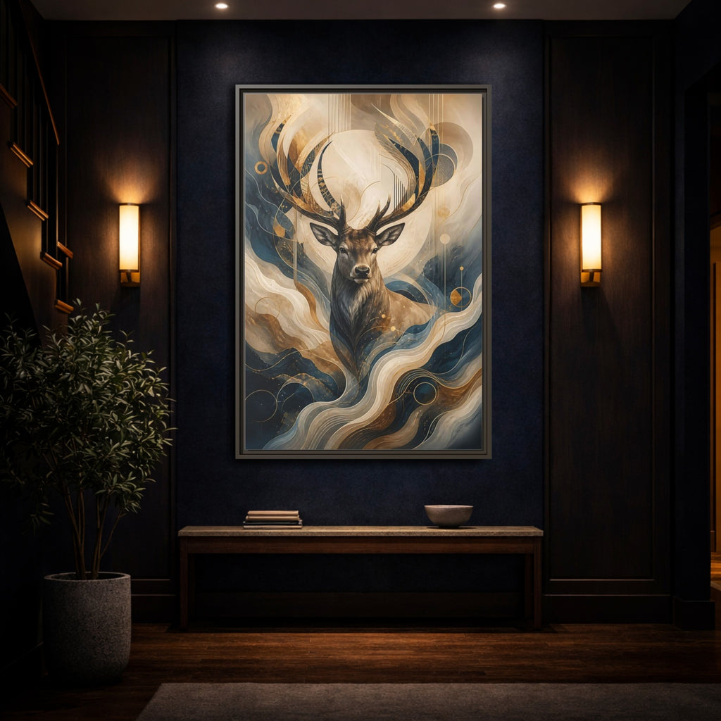 Mockup 4. Animals Deer Blue Gold Deer Art shown as stretched canvas wall art