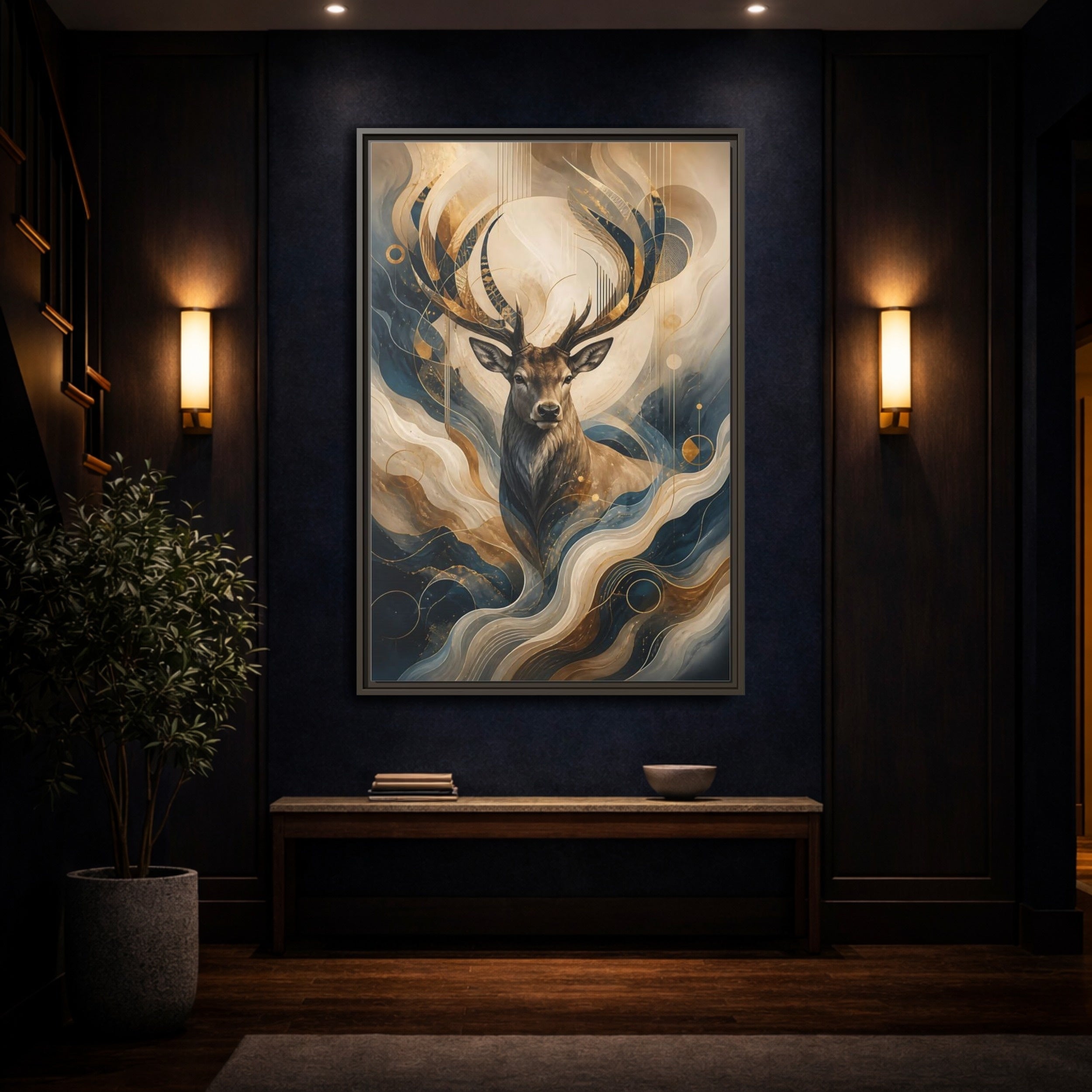 Mockup 4. Animals Deer Blue Gold Deer Art shown as stretched canvas wall art