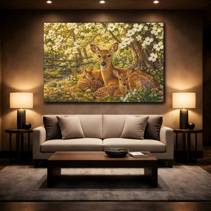 Mockup 2. Animals Deer Family Spring Deer Family shown as stretched canvas wall art
