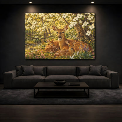 Mockup 3. Animals Deer Family Spring Deer Family shown as stretched canvas wall art