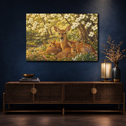 Mockup 4. Animals Deer Family Spring Deer Family shown as stretched canvas wall art