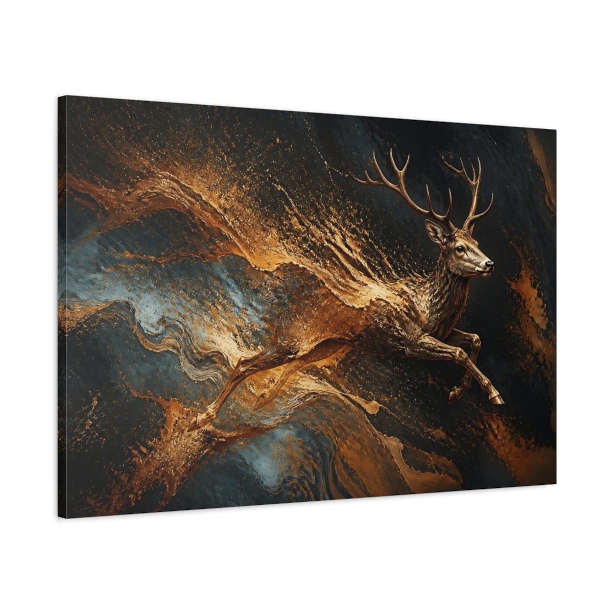 Main Mockup. Animals Deer Gold And Black shown as stretched canvas wall art