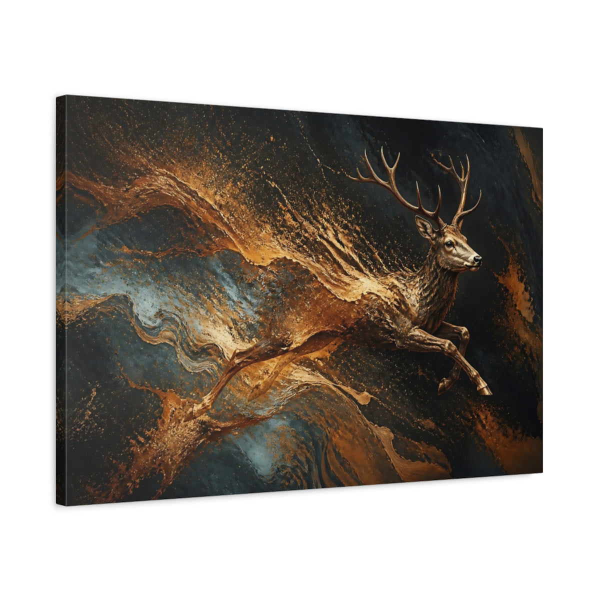 Side Mockup 2. Animals Deer Gold And Black shown as stretched canvas wall art