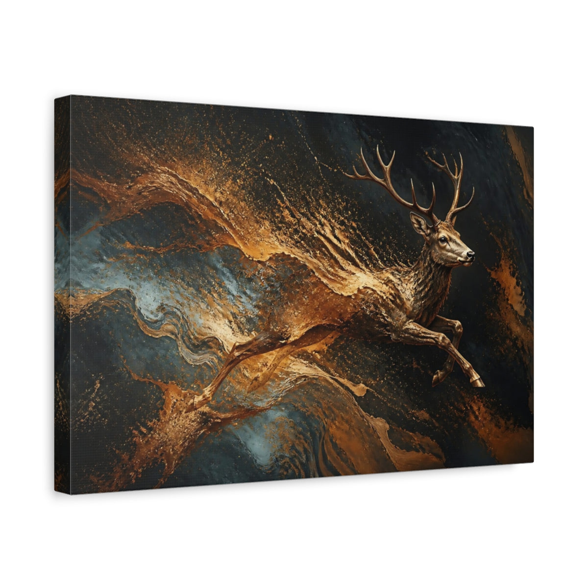 Side Mockup 4. Animals Deer Gold And Black shown as stretched canvas wall art