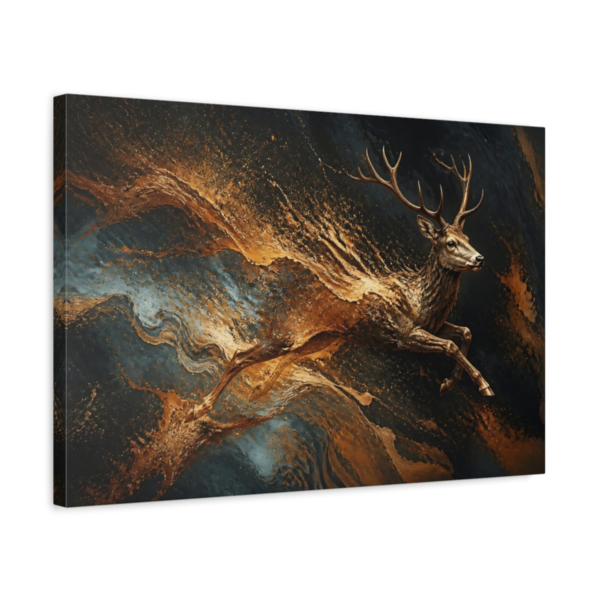 Side Mockup 3. Animals Deer Gold And Black shown as stretched canvas wall art