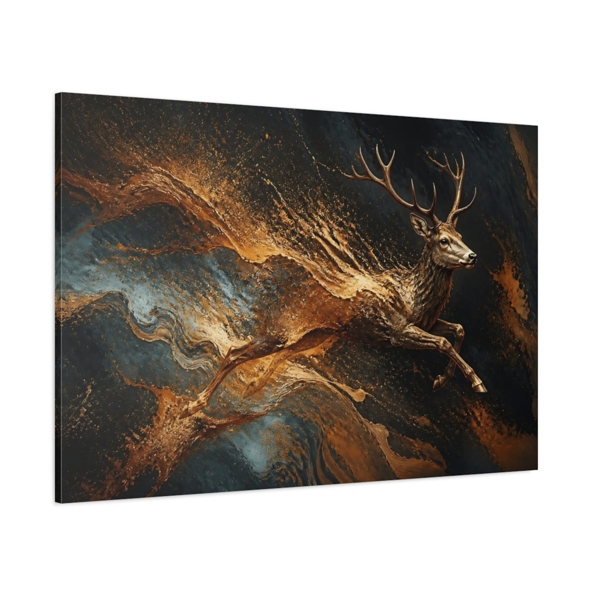 Side Mockup 1. Animals Deer Gold And Black shown as stretched canvas wall art