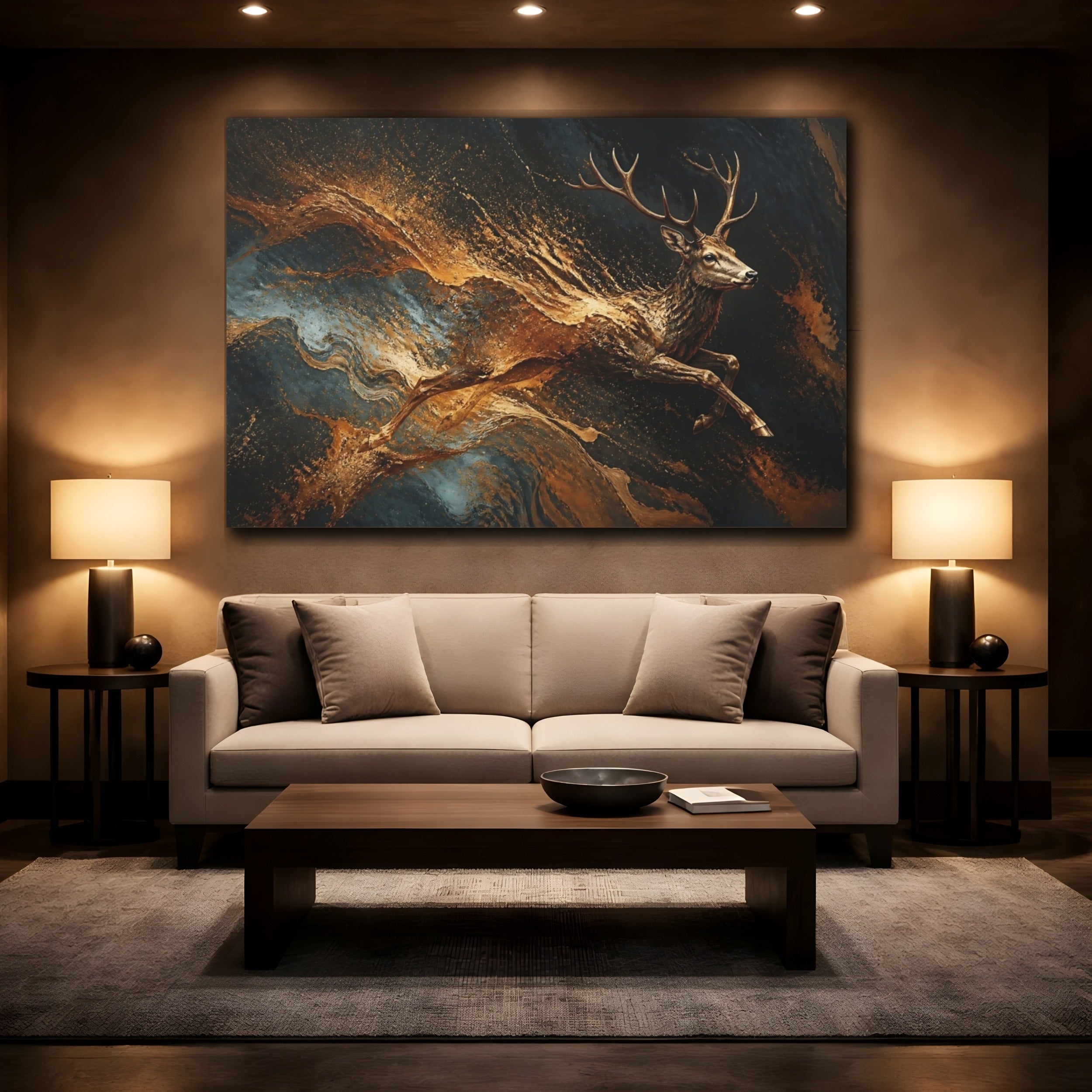 Mockup 2. Animals Deer Gold And Black shown as stretched canvas wall art