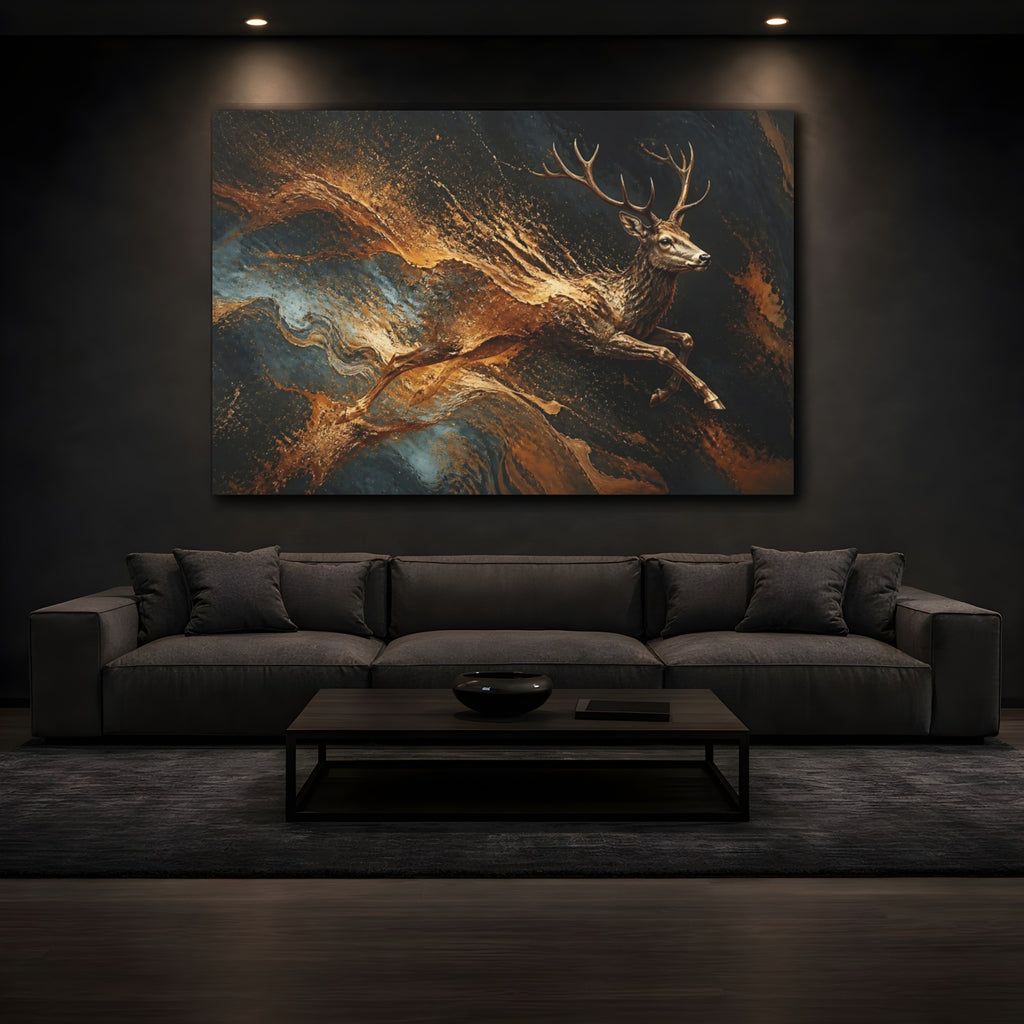Mockup 3. Animals Deer Gold And Black shown as stretched canvas wall art