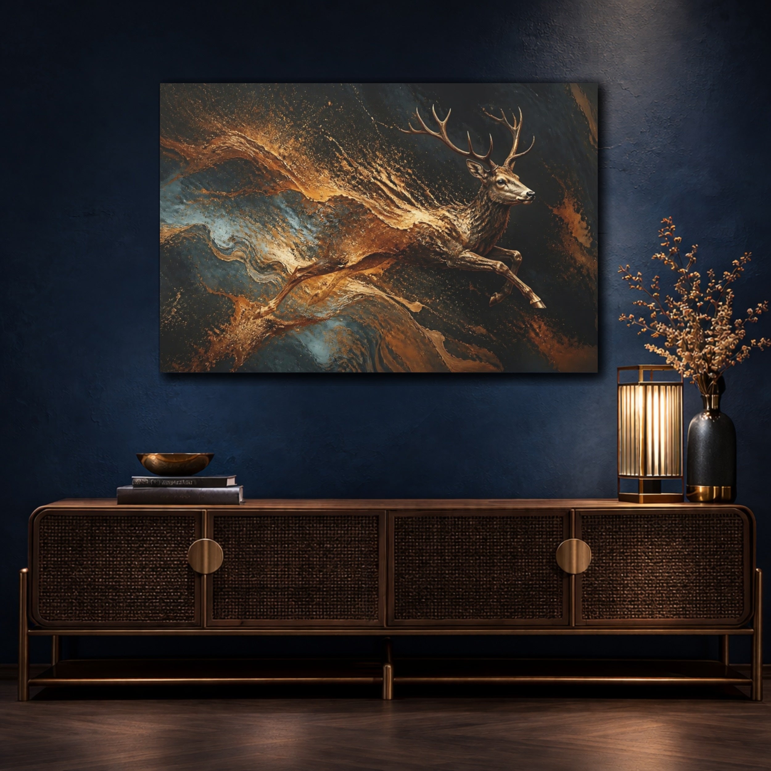 Mockup 4. Animals Deer Gold And Black shown as stretched canvas wall art