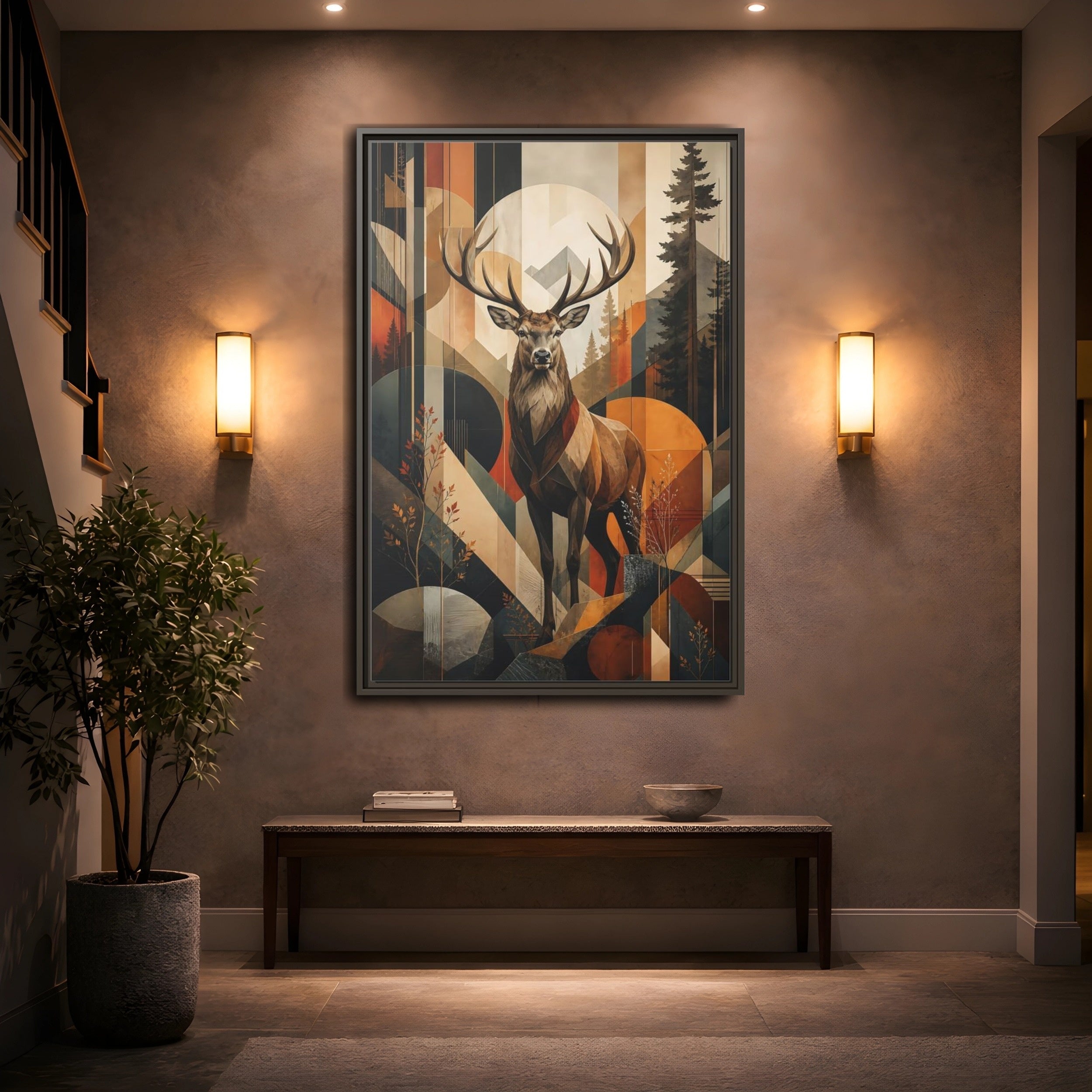 Mockup 2. Animals Deer Stag Geometric Deer Art shown as stretched canvas wall art