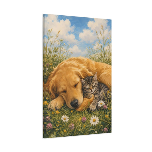 Main Mockup. Animals Dog And Cat Sleeping Animals Meadow shown as stretched canvas wall art