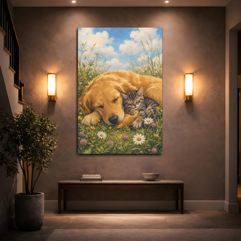 Mockup 2. Animals Dog And Cat Sleeping Animals Meadow shown as stretched canvas wall art