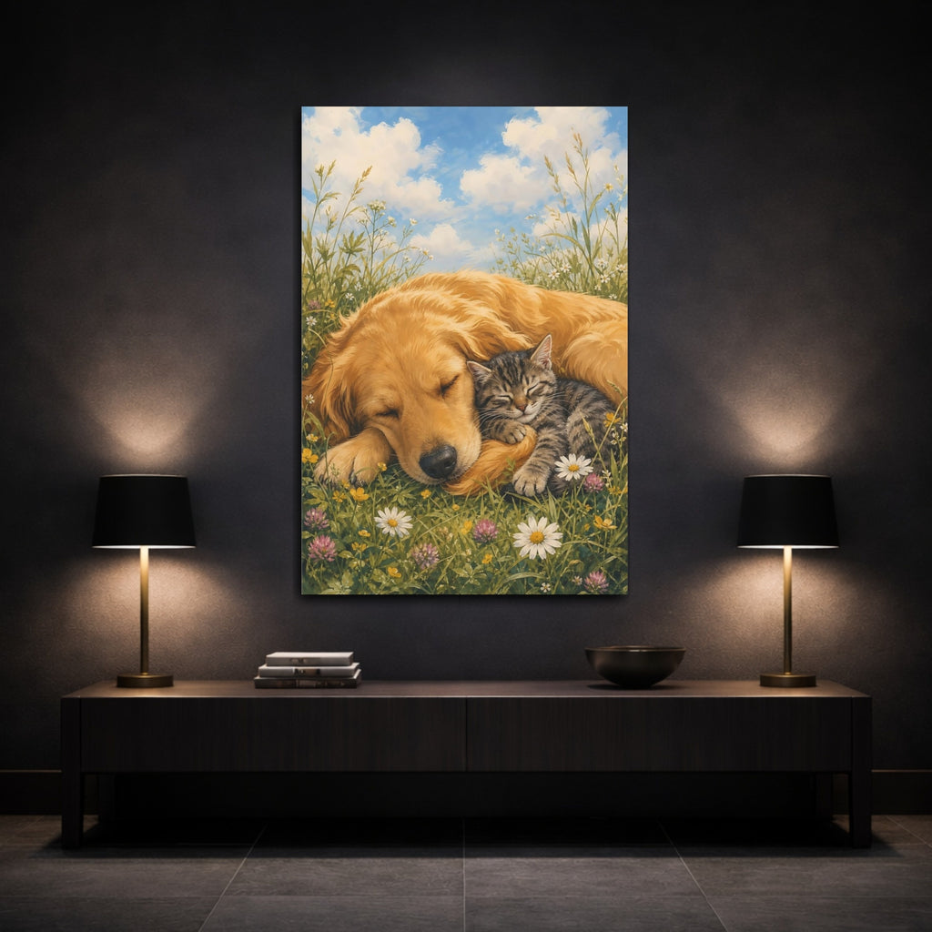 Mockup 3. Animals Dog And Cat Sleeping Animals Meadow shown as stretched canvas wall art