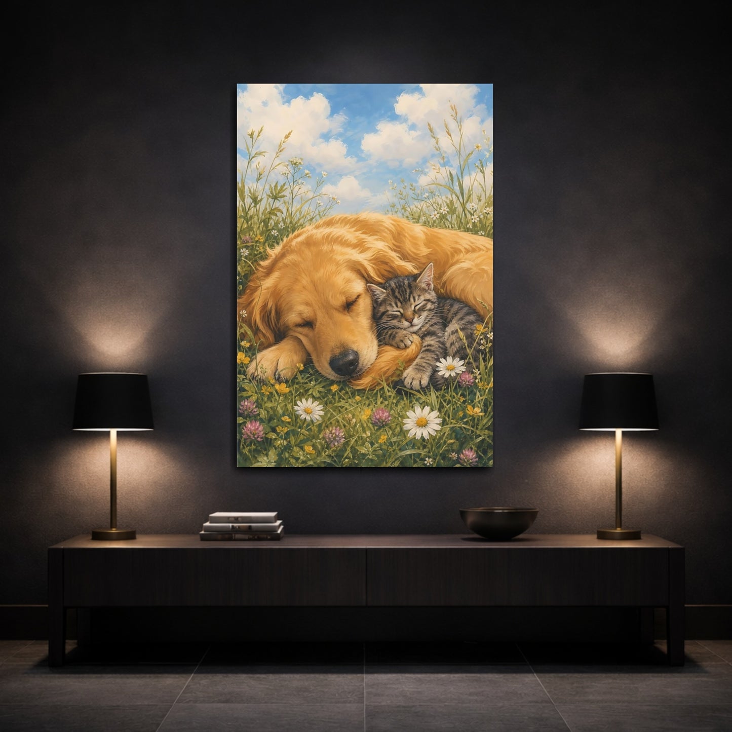 Mockup 3. Animals Dog And Cat Sleeping Animals Meadow shown as stretched canvas wall art